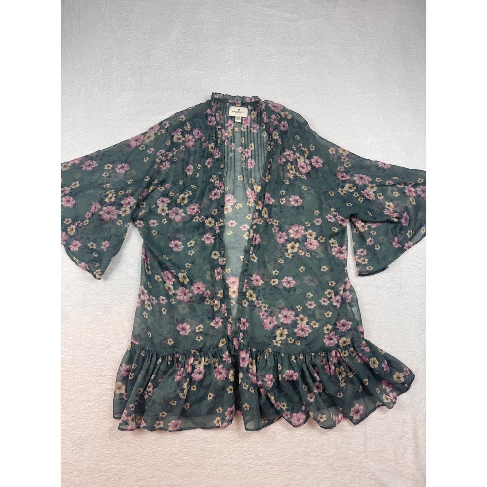 American Eagle Floral Sheer Kimono Ruffle Hem Open Front Wrap Teal Pink Medium